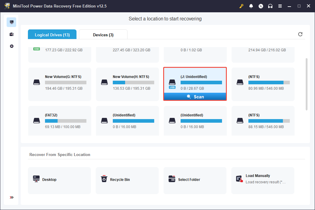 click Scan to find the files in the RAW USB via MiniTool Power Data Recovery