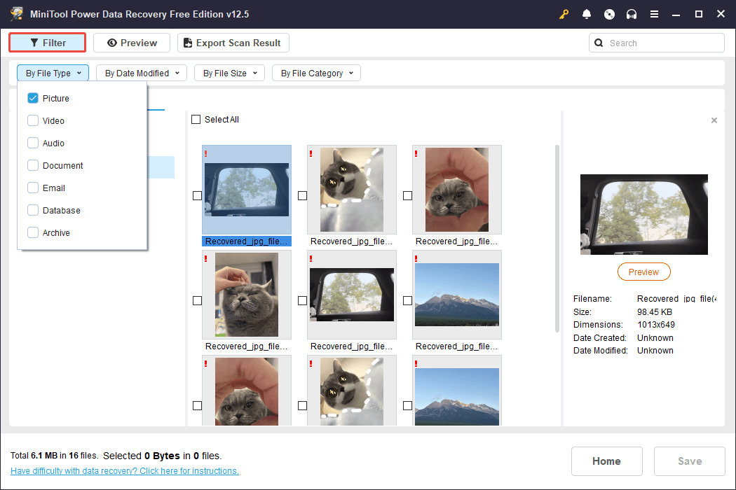 use the Filter feature to locate wanted files