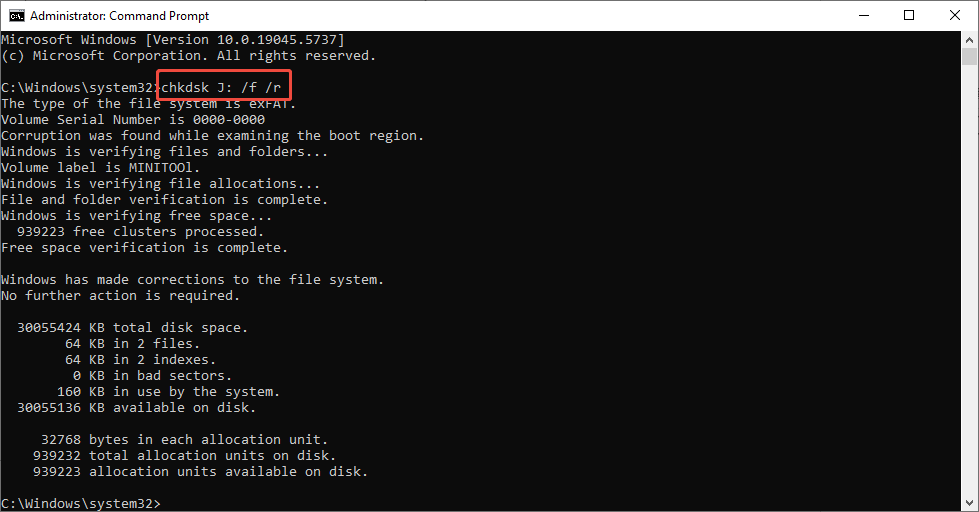 run the CHKDSK command line to repair the J drive in Command Prompt