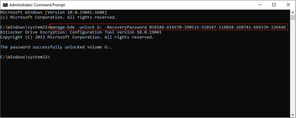 unlock the USB drive in Command Prompt