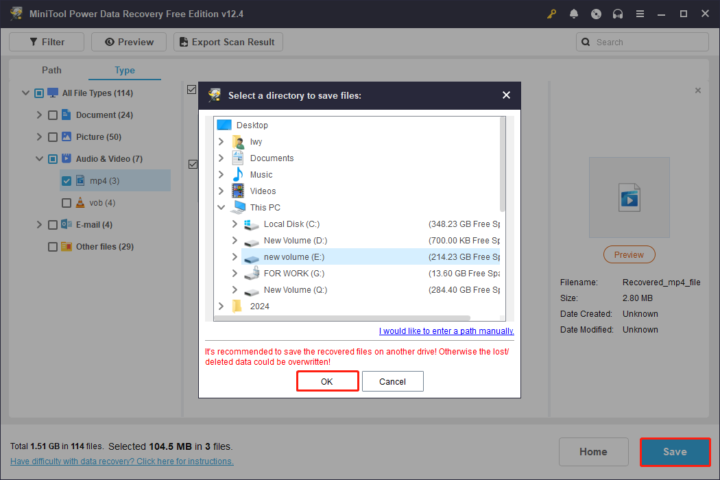 save the selected files to a new location using MiniTool Power Data Recovery