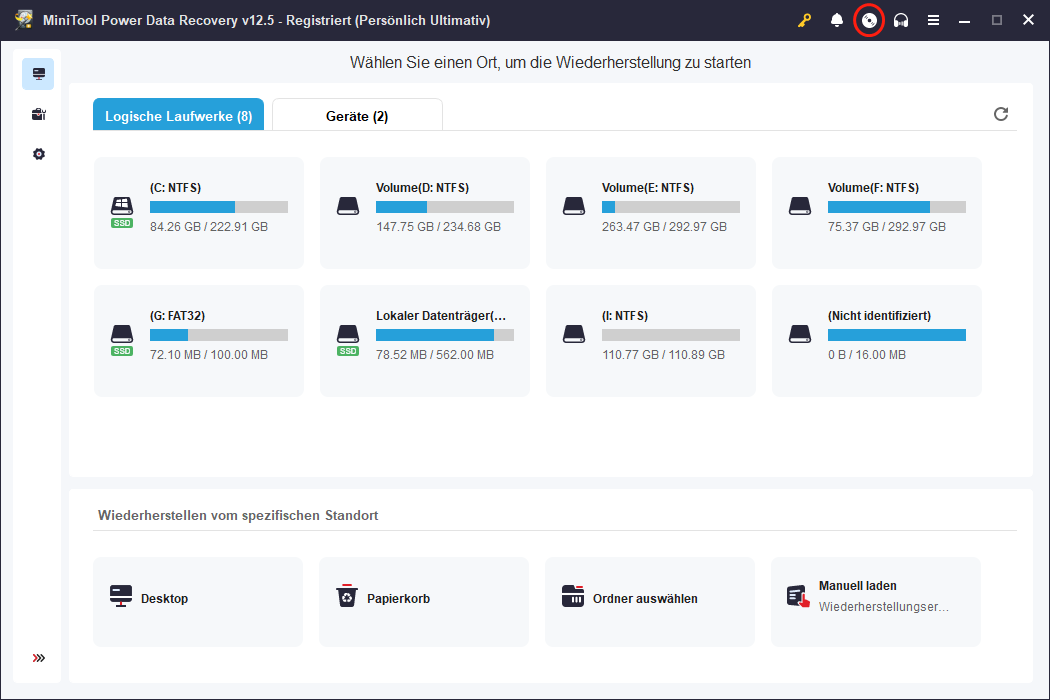 Starten Sie das registrierte MiniTool-Wiederherstellungstool und klicken Sie auf die Schaltfläche Bootfähiges Medium erstellen.