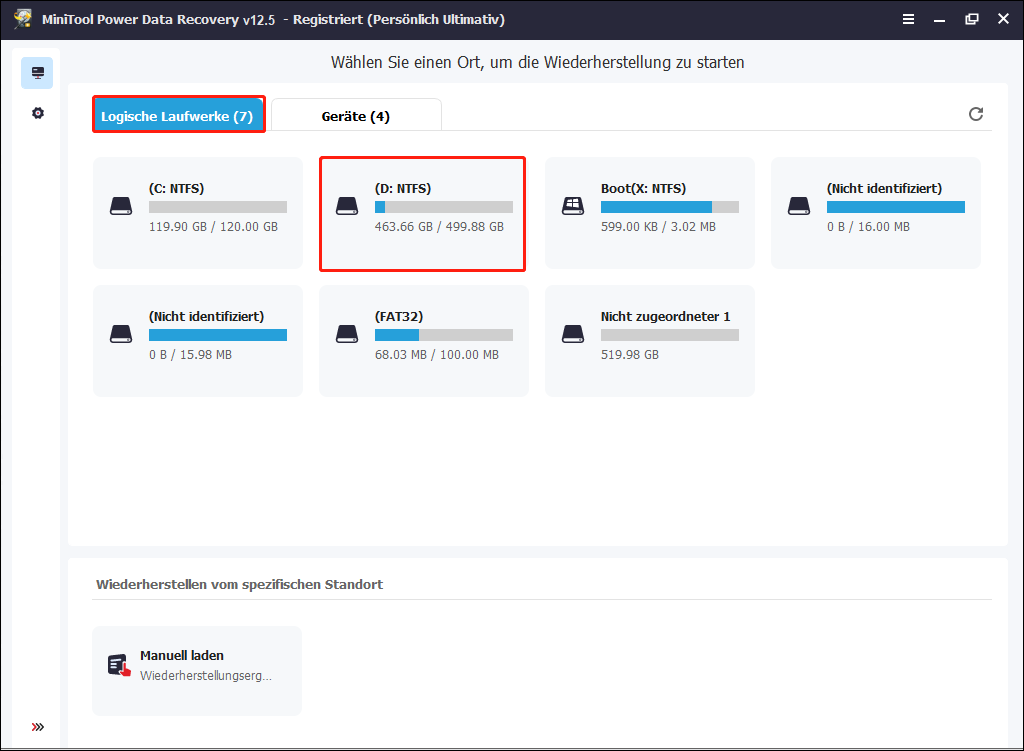 Unter Logische Laufwerk wählen Sie eine Partition aus und klicken Sie auf Scannen