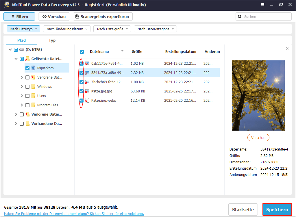 Speichern der benötigten Dateien in MiniTool Power Data Recovery