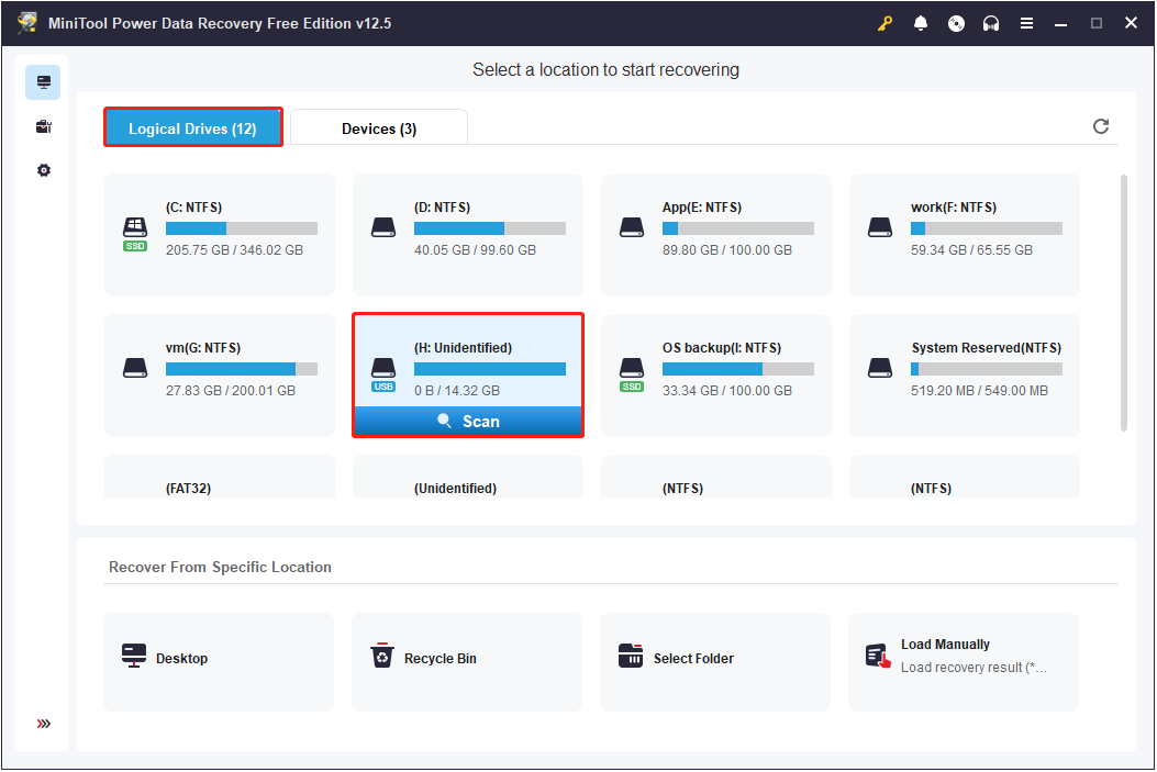 select the USB drive to scan in MiniTool Power Data Recovery