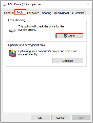 check the USB drive for file system errors in disk properties