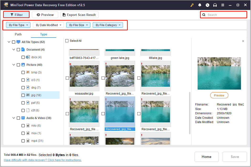 the Filter and Search features in MiniTool Power Data Recovery