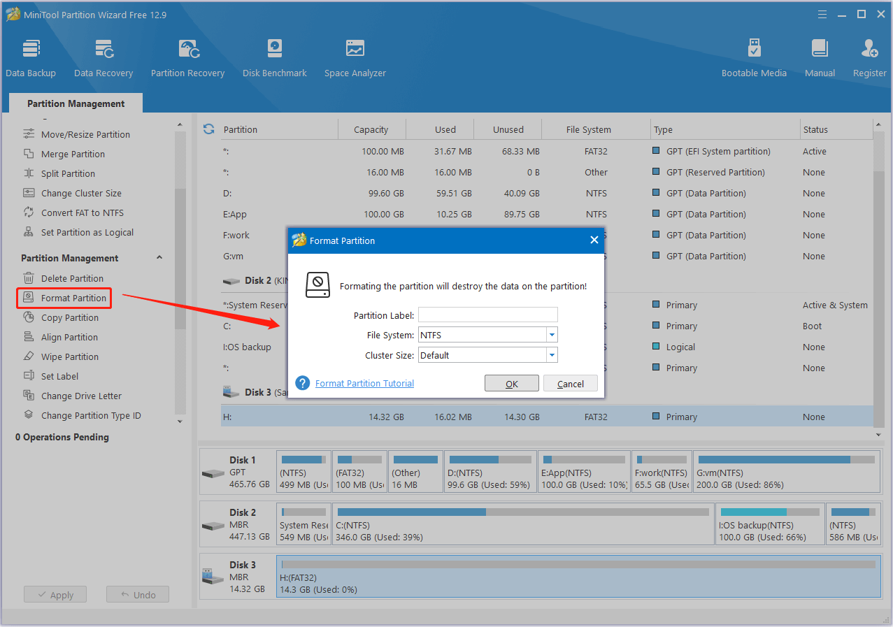 format the disk partition in MiniTool Partition Wizard