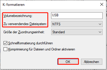 Legen Sie die Datenträgerbezeichnung fest und wählen Sie ein geeignetes Dateisystem für die SD-Karte.