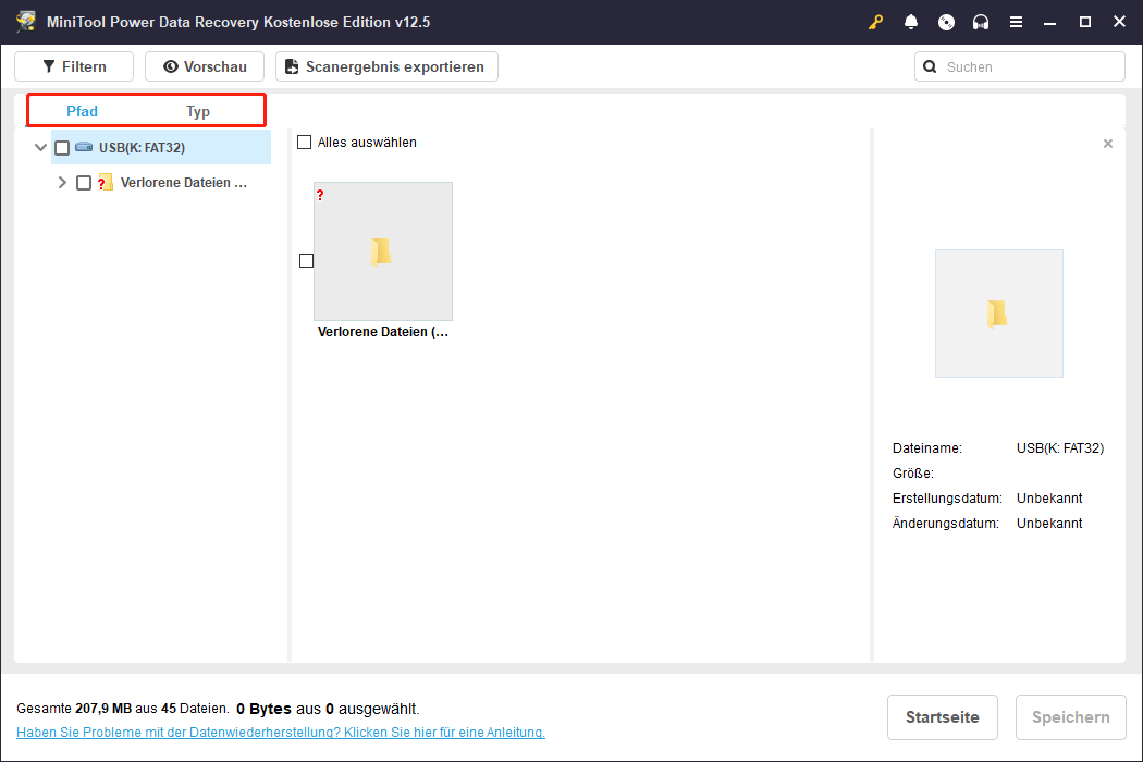 Die Funktionen Pfad und Typ in MiniTool Power Data Recovery
