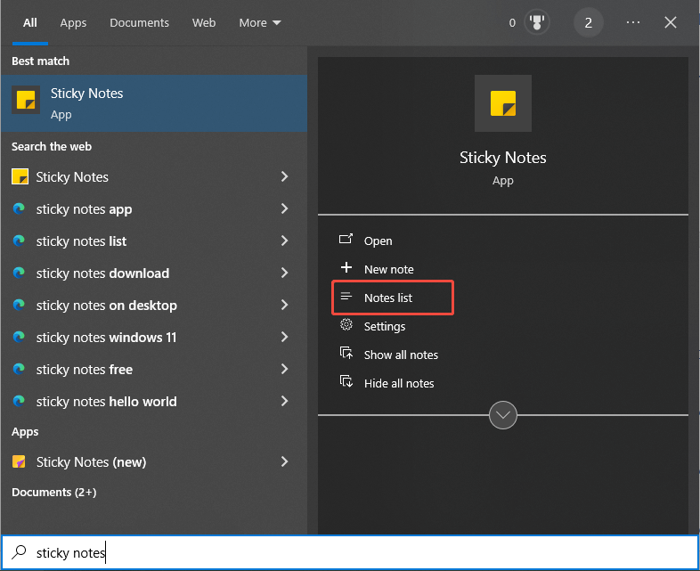 select Notes list
