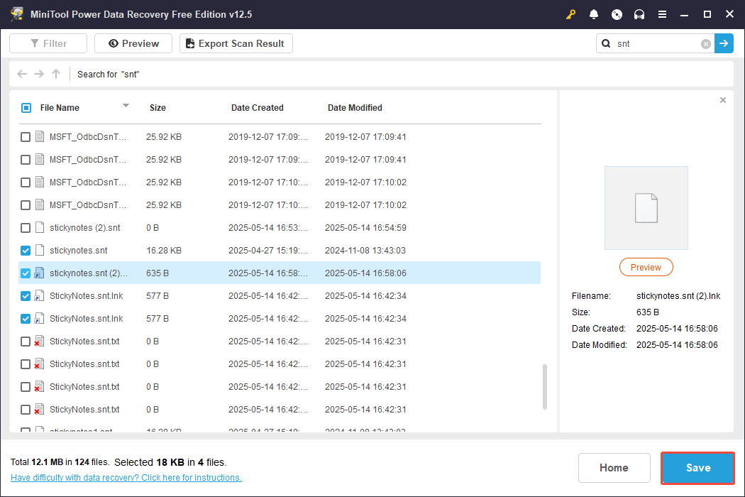 click the Save button to recover desired files