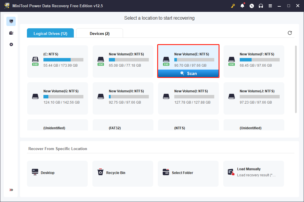 choose the partition to scan using MiniTool Power Data Recovery