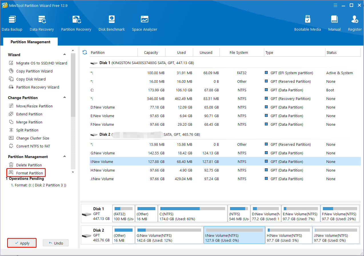 format the Samsung T7 SSD using MiniTool Partition Wizard