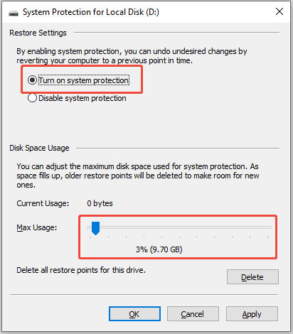 enable the Turn on system protection option and change usage