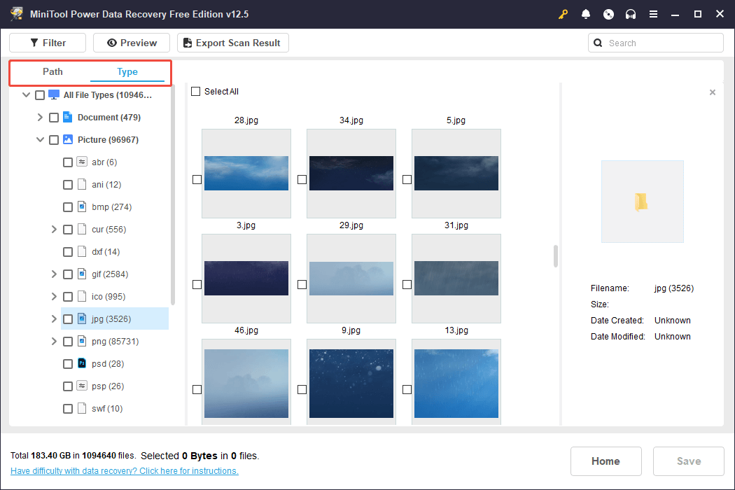 the Path and Type functions in MiniTool Power Data Recovery