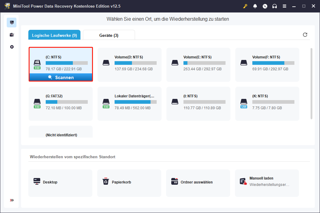 Scannen Sie die Zielpartition, auf der die gelöschten Kurznotizen gespeichert sind, mit MiniTool Power Data Recovery