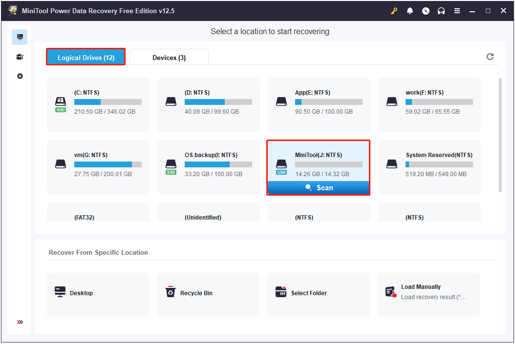select the formatted USB drive to scan in MiniTool Power Data Recovery