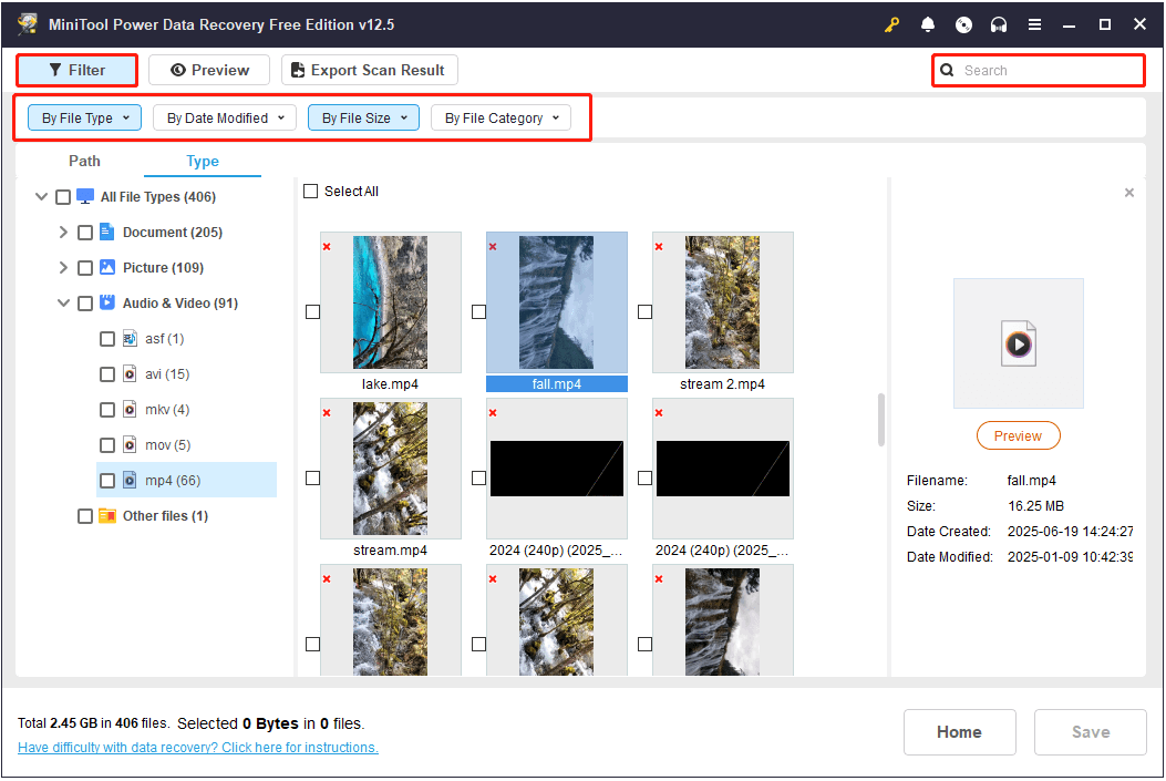 filter and search files in MiniTool Power Data Recovery