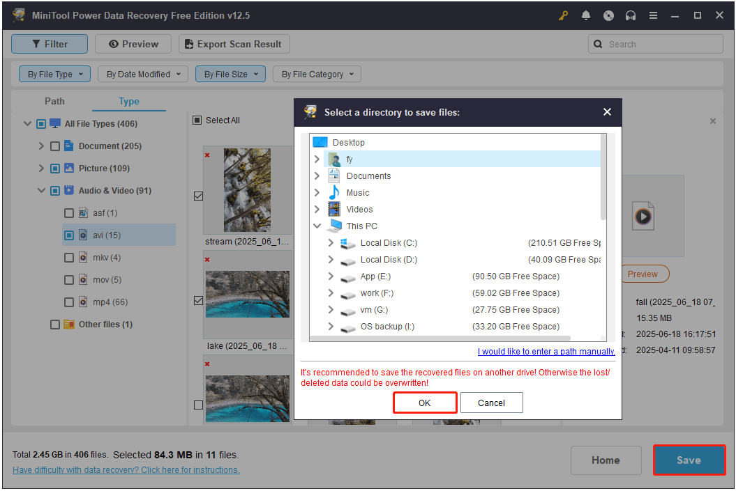 save the ticked files to a location in MiniTool Power Data Recovery