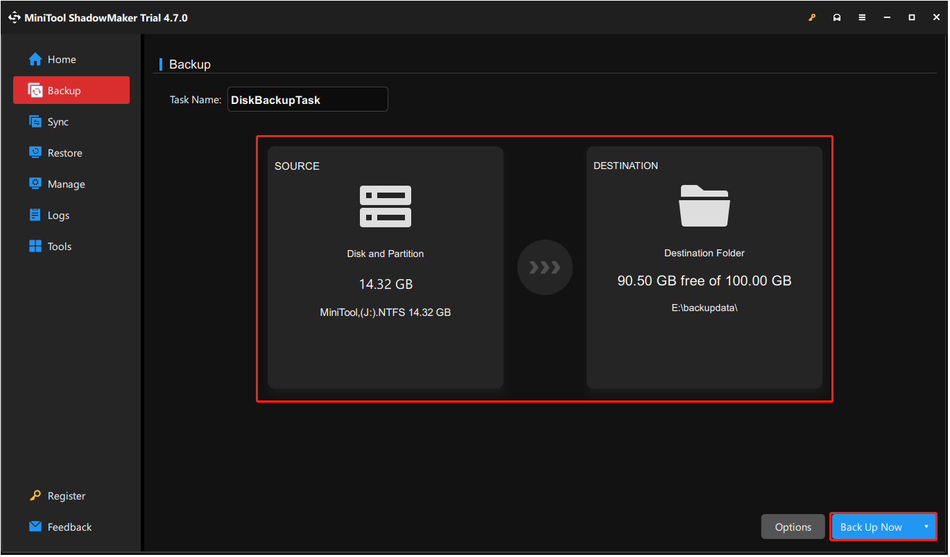 back up the USB drive in MiniTool ShadowMaker