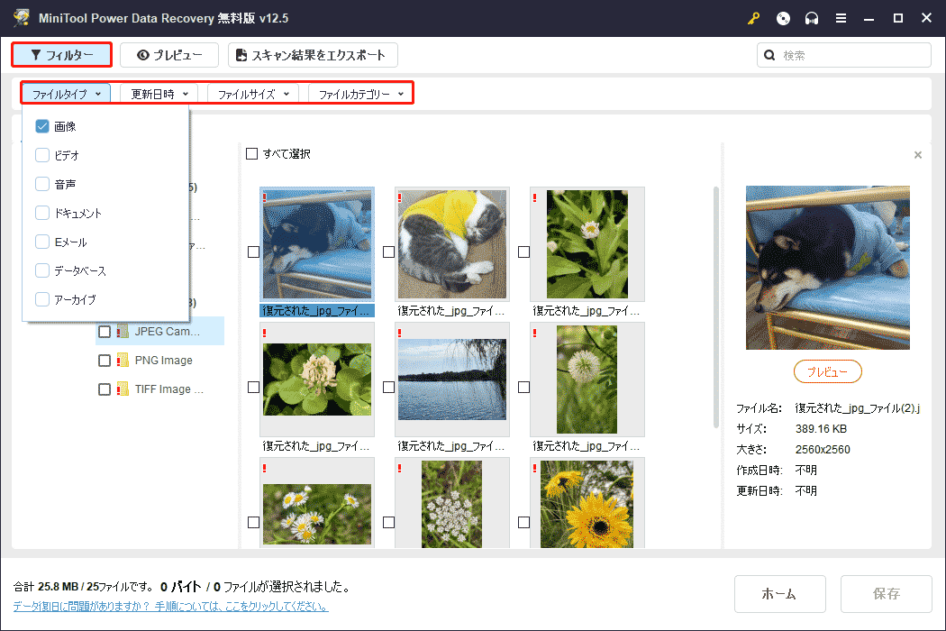 MiniTool Power Data Recoveryのフィルター機能でフィルター条件を設定