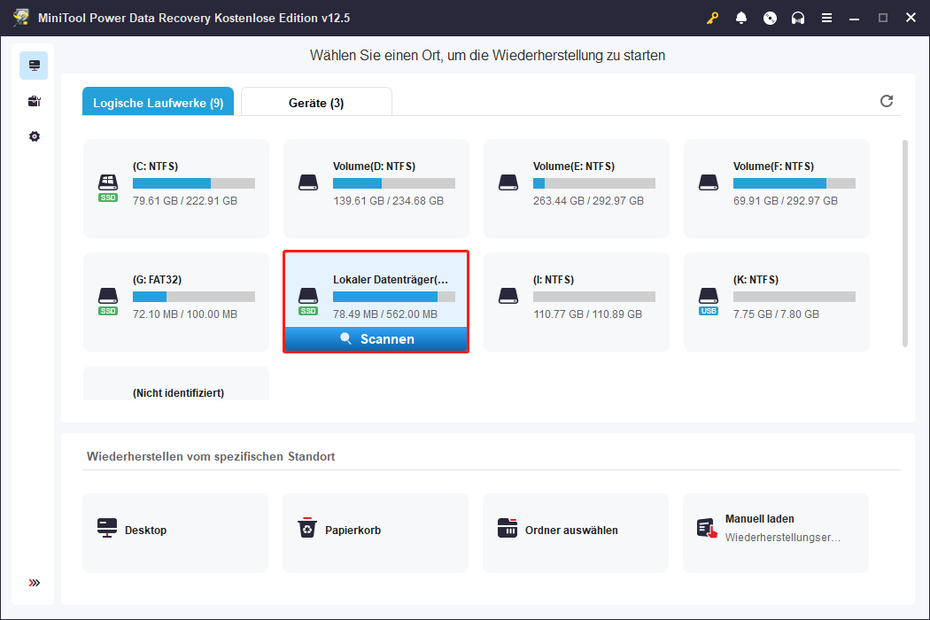 Wählen Sie die zu scannende Partition mit MiniTool Power Data Recovery aus