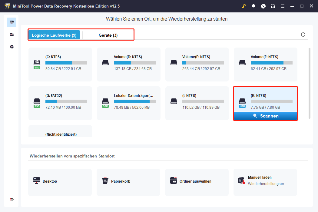 Wählen Sie die SD-Kartenpartition zum Scannen mit MiniTool Power Data Recovery aus