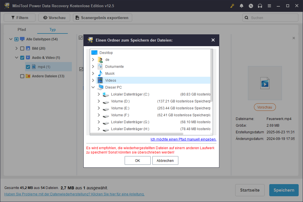 Wählen Sie ein neues Ziel für die wiederhergestellten Dateien in MiniTool Power Data Recovery