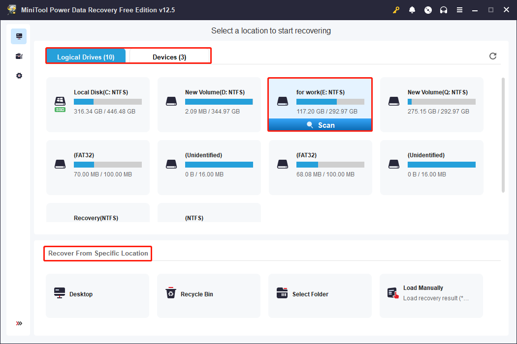 scan the location using MiniTool Power Data Recovery