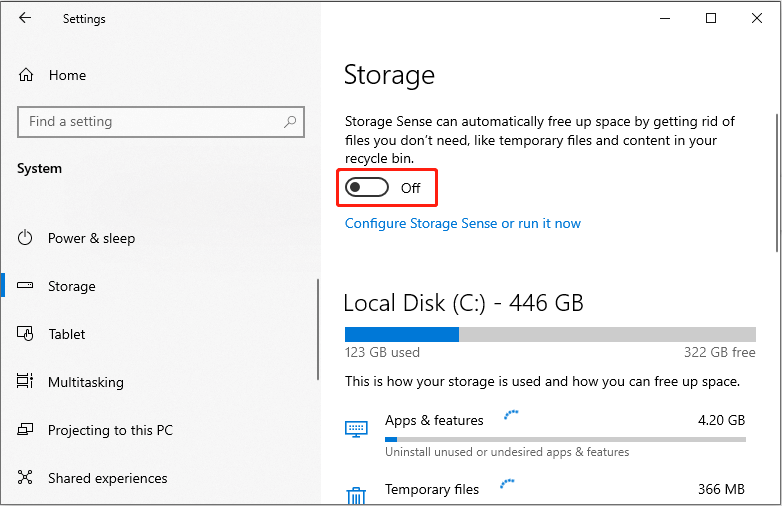 turn off the Storage Sense feature