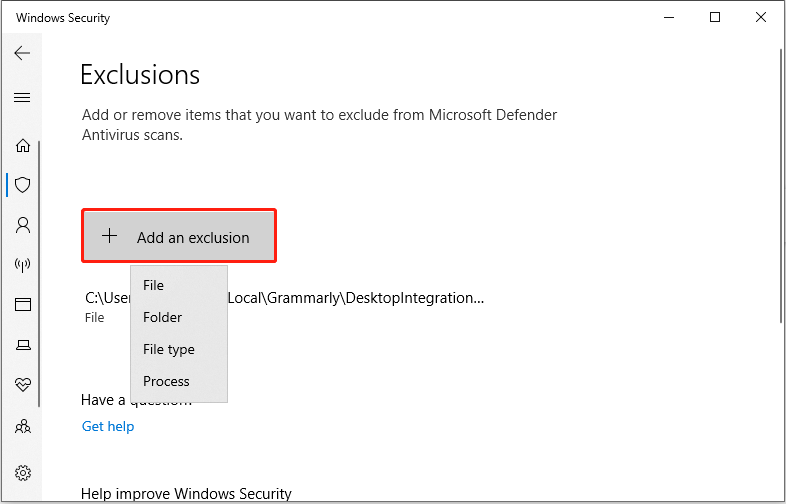 add an exclusion to Windows Defender