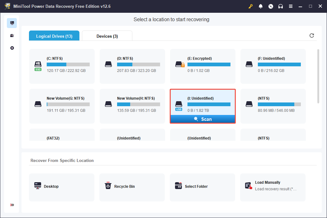 scan the target partition for CCTV/DVR HDD in MiniTool Power Data Recovery