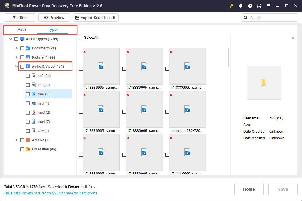 locate the wanted videos in the Type tab via MiniTool Power Data Recovery