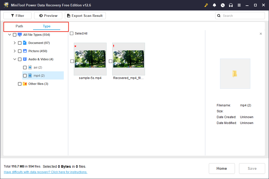 use the Type function to locate the videos in MiniTool Power Data Recovery