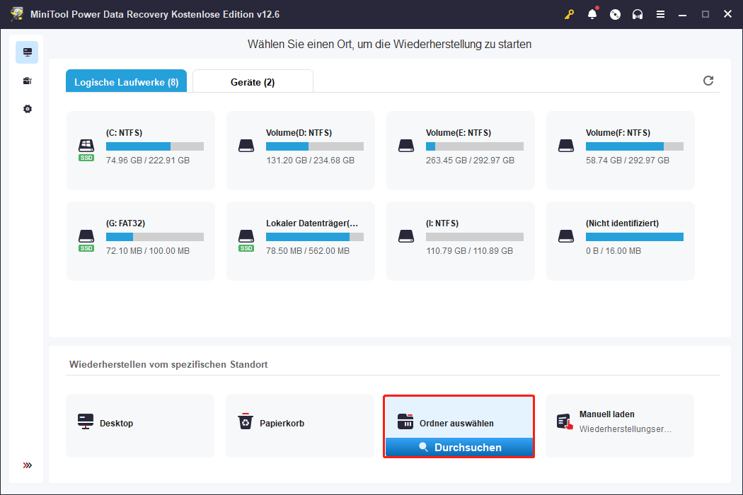Klicken Sie auf die Schaltfläche Durchsuchen, um einen bestimmten Ordner in MiniTool Power Data Recovery zu scannen.