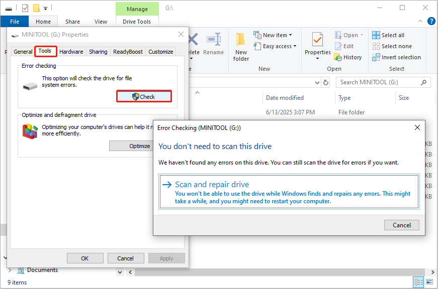 run error checking in File Explorer