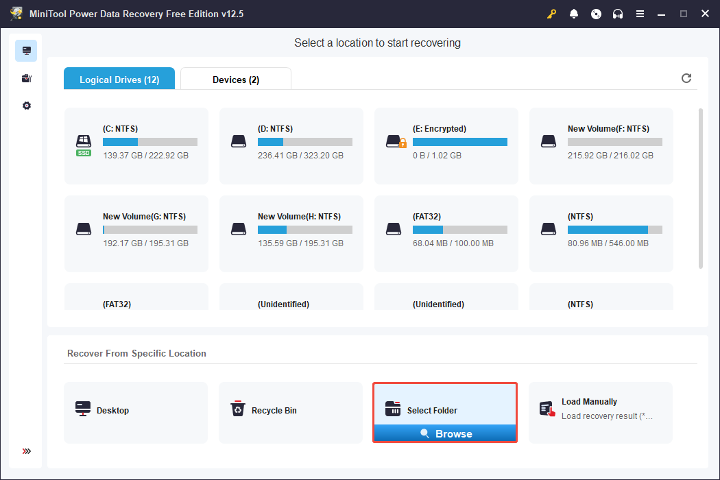 click the Browse button to scan a specific folder in MiniTool Power Data Recovery