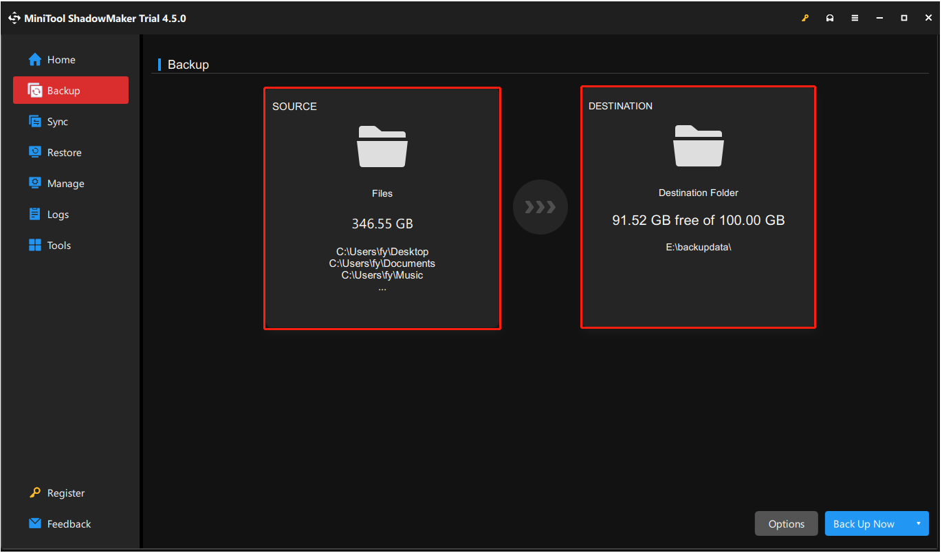 specify the files you want to back up and the location to store backup files in MiniTool ShadowMaker