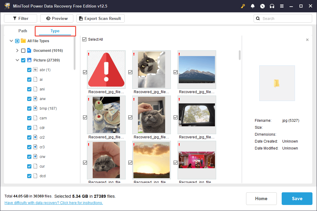 use the Type feature to locate the images in MiniTool Power Data Recovery