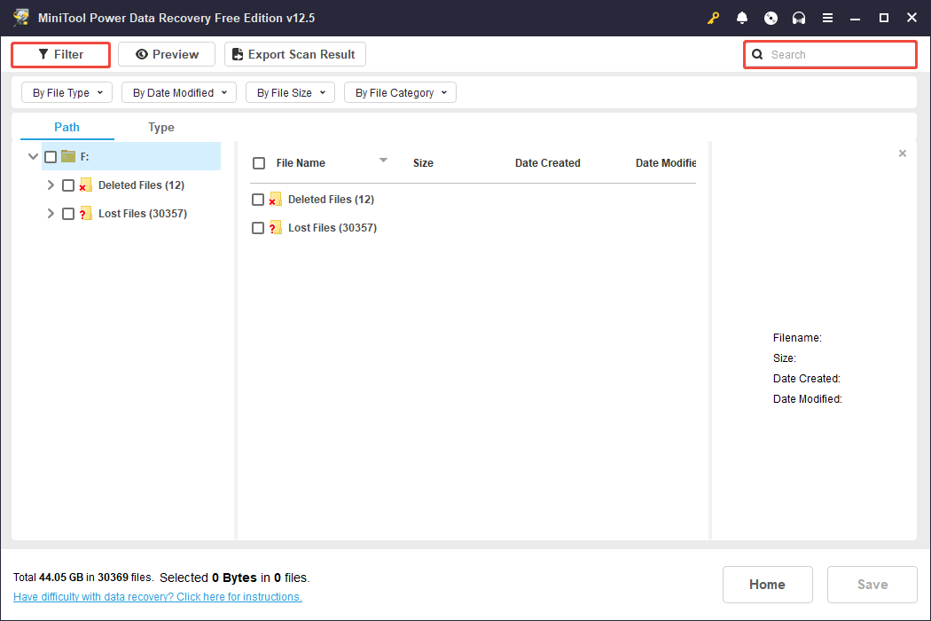 the Filter and Search functions in MiniTool Power Data Recovery