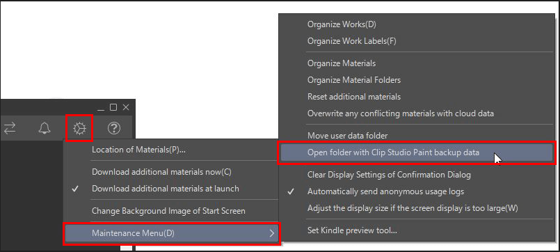 click Maintenance Menu > Open folder with Clip Studio Paint backup data