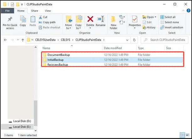 the DocumentBackup, InitialBackup, and RecoveryBackup folders