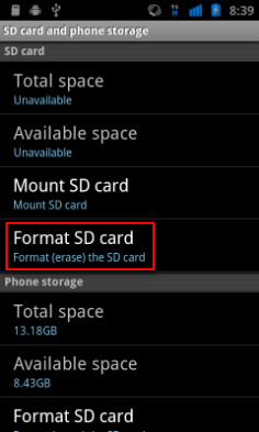 「SDカードをフォーマット」をクリックしてAndroidデバイスでMicro SDカードをフォーマット