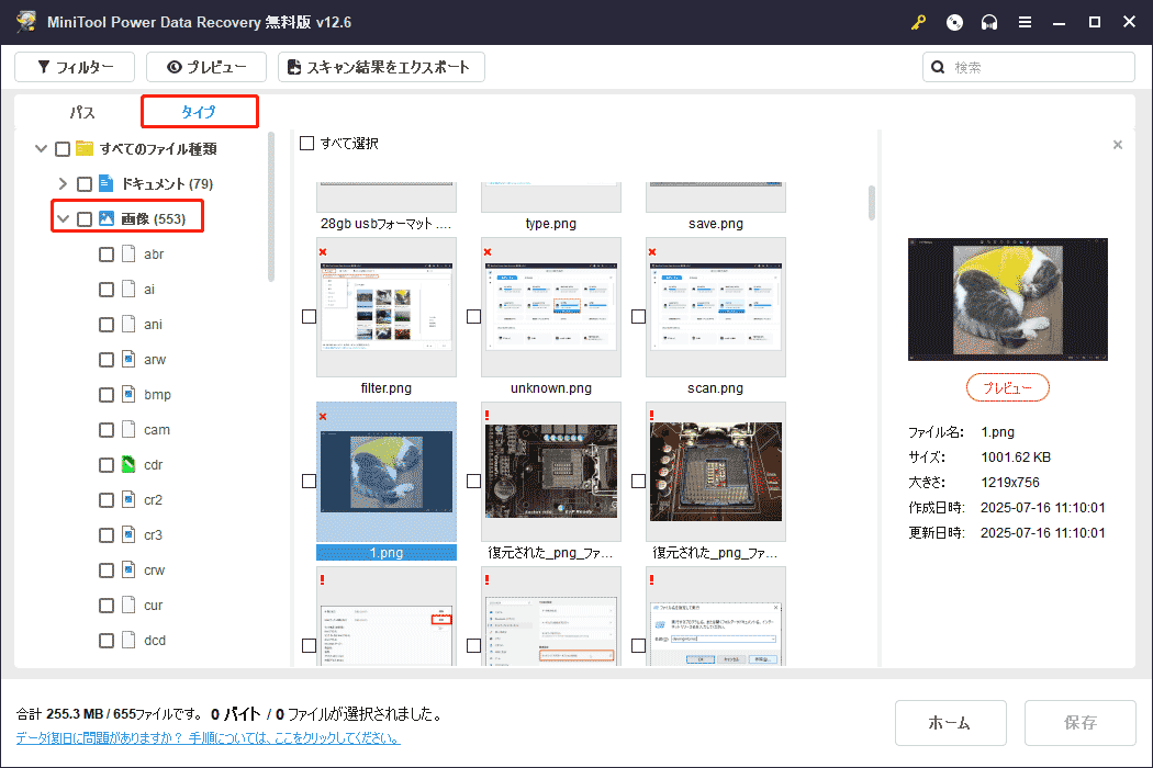 検出されたファイルはMiniTool Power Data Recoveryの「タイプ」でファイルタイプとファイル形式によって分類され