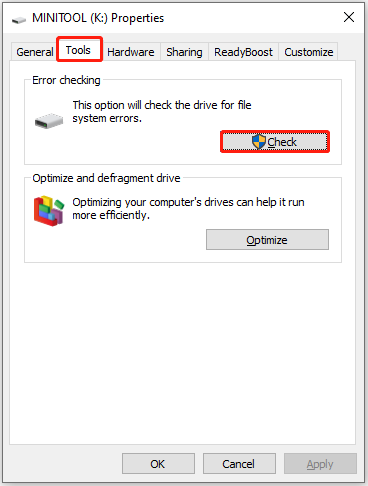 check the drive for file system errors in the disk properties window