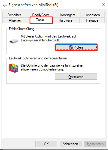 Gehen Sie zur Registerkarte Tools. Unter Fehlerüberprüfung klicken Sie auf Prüfen.