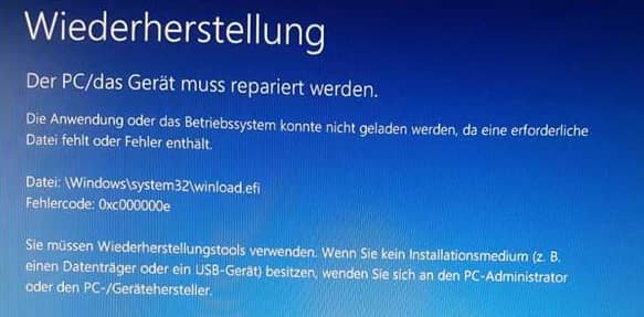 Ein blauer Bildschirm mit dem Fehlercode 0xc000000e
