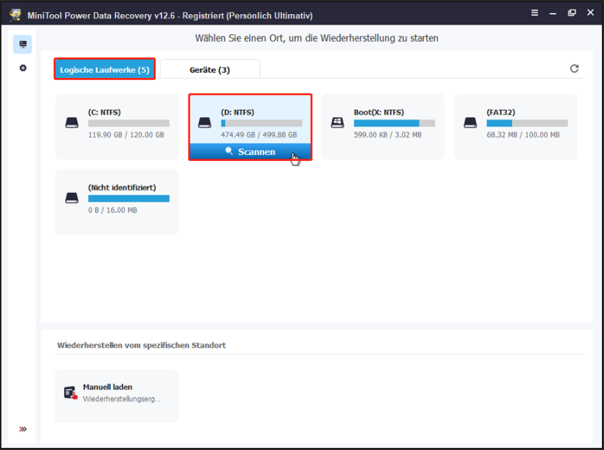 Wählen Sie das Laufwerk aus, um in MiniTool Power Data Recovery nach Dateien zu suchen