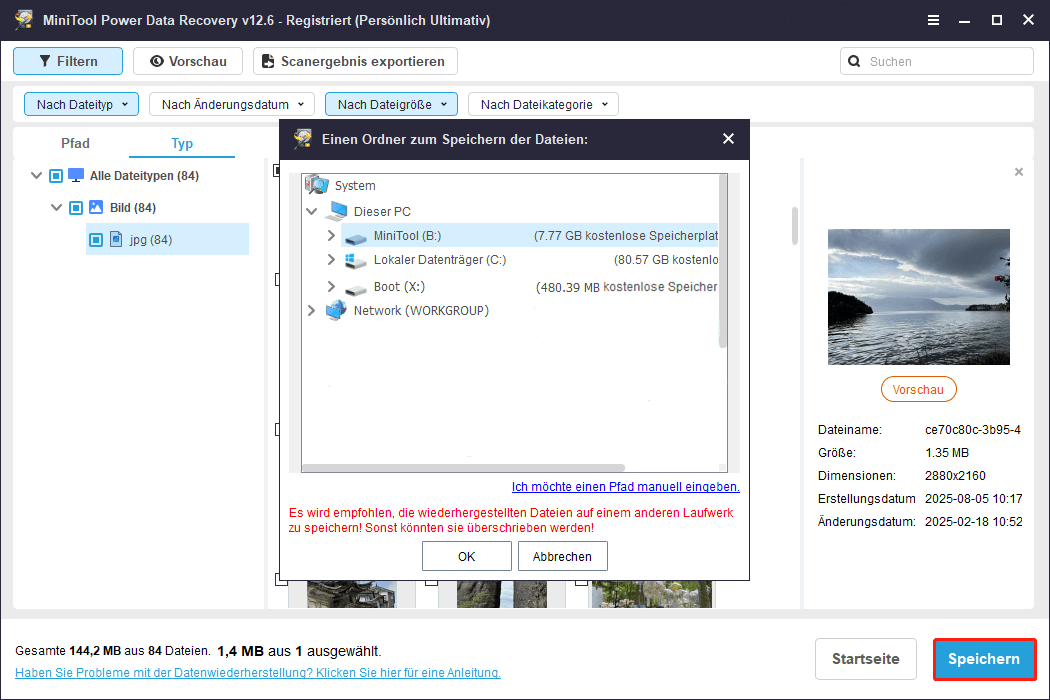 Speichern Sie die wiederhergestellten Dateien an einem sicheren Ort in MiniTool Power Data Recovery